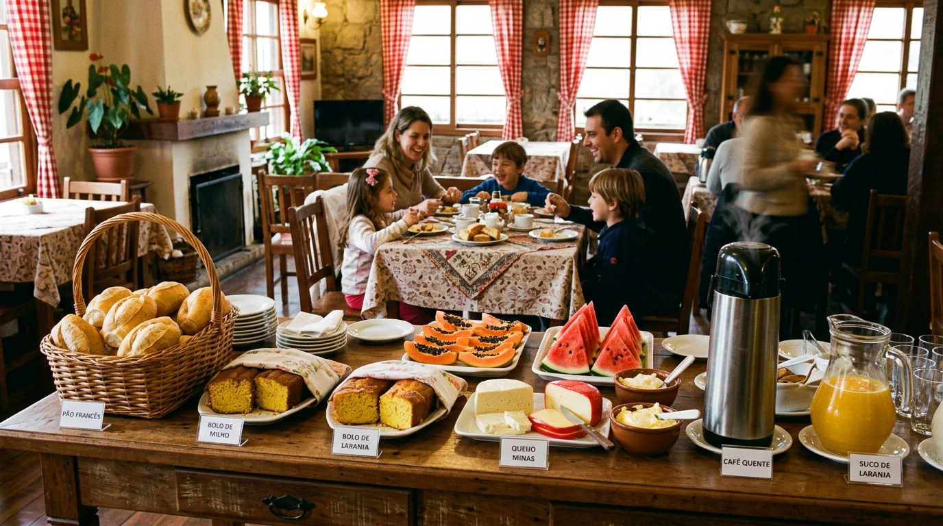 Buffet de café da manhã cortesia no Dom Pedro Hotel em Petrópolis com bolos, frutas, pães e café